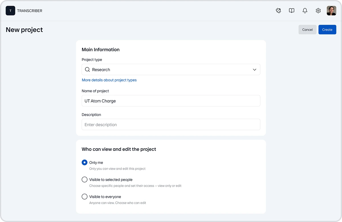 Форма создания проекта